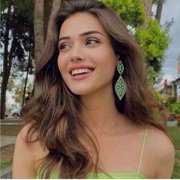 Carbon Black with Green AB Crystal Double Leaf Chandelier Post Back Earrings - Picture 5 of 6